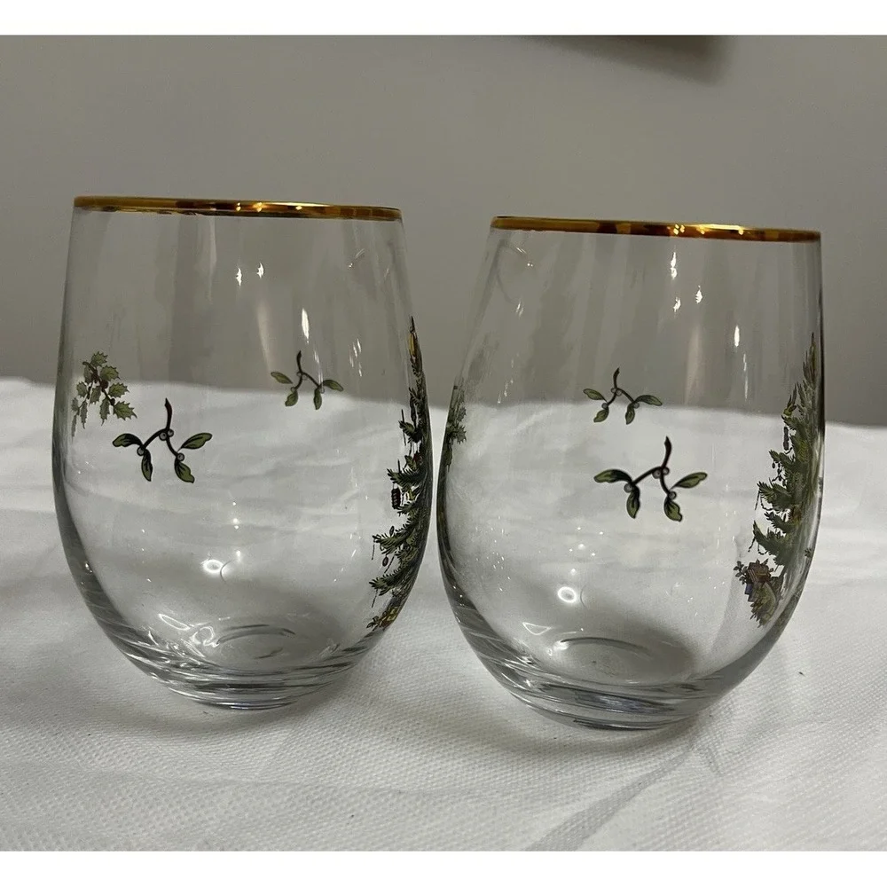 Spode Christmas Tree Stemless Wine Glasses Holiday Tablescape Grandmillennial